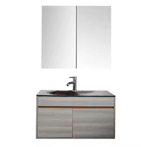 Modern Wall-Mounted Bathroom Vanity Set with Dual Mirror Cabinet, Black Basin Sink, and Sleek Gray Wood Finish with Contemporary Floating Cabinet with Storage Drawers and Chrome Faucet