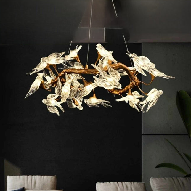 Aviary Luminescence A Sculptural Chandelier with Crystal Birds Perched on Golden Branches Illuminating Ethereal Elegance Soft Light Dances Through Delicate Forms