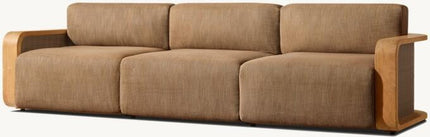 Brown sofa with wooden armrests on a white background