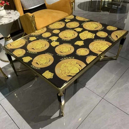 Elegant Black and Gold Glass Versace Medusa Glass Coffee Table - Luxurious Design with Iconic Style for Sophisticated Interiors