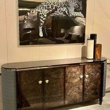 Elegant Brown Rectangular Versace Medusa Console Table - Luxurious Design with Marble Top and Polished Steel Legs for Sophisticated Interiors