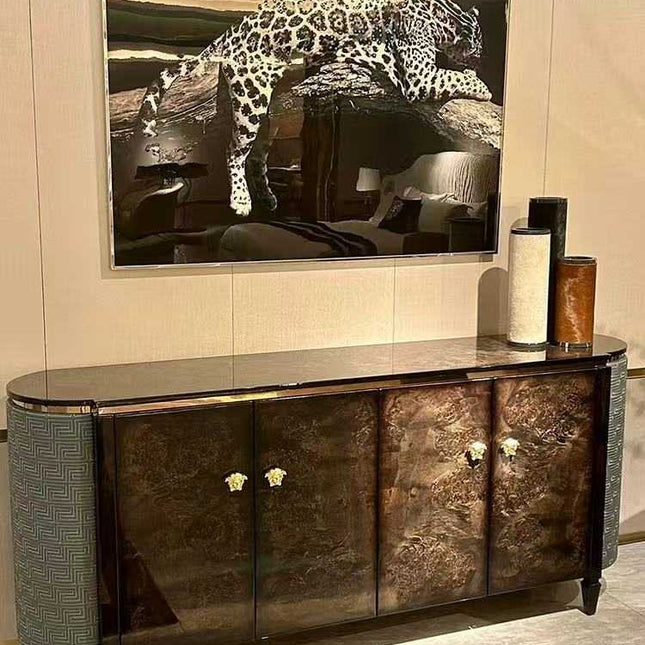 Elegant Brown Rectangular Versace Medusa Console Table - Luxurious Design with Marble Top and Polished Steel Legs for Sophisticated Interiors