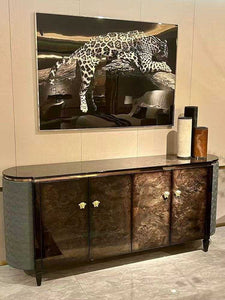 Elegant Brown Rectangular Versace Medusa Console Table - Luxurious Design with Marble Top and Polished Steel Legs for Sophisticated Interiors