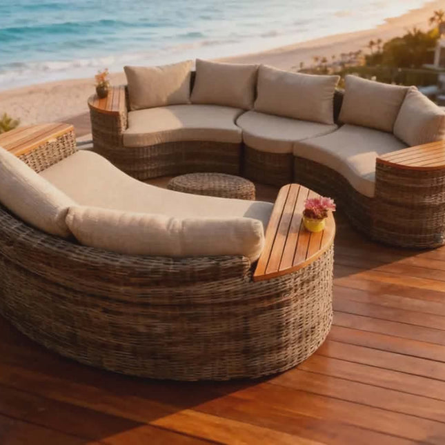 Outdoor patio furniture set with cushions on a wooden deck by the beach.