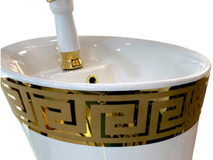 Elegant White and Gold Versace Stand Alone Pedestal Basin