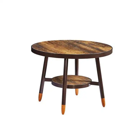 Round wooden table with a dark brown finish on a white background