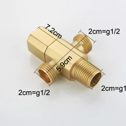 Gold plumbing fitting with measurements on a white background