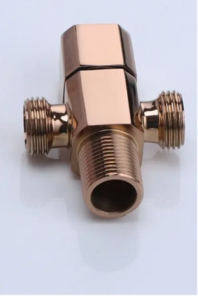Two rose gold octagonal valves on a light blue background