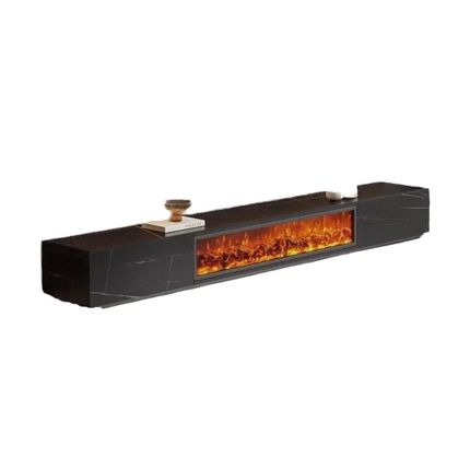Long rectangular electric fireplace with glowing interior on a white background