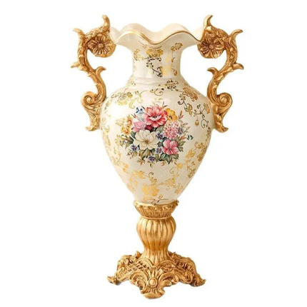 Decorative vase with floral design and gold accents on a white background