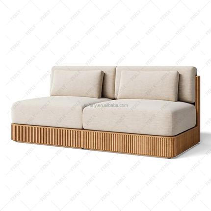 Beige sofa with wooden base on a white background