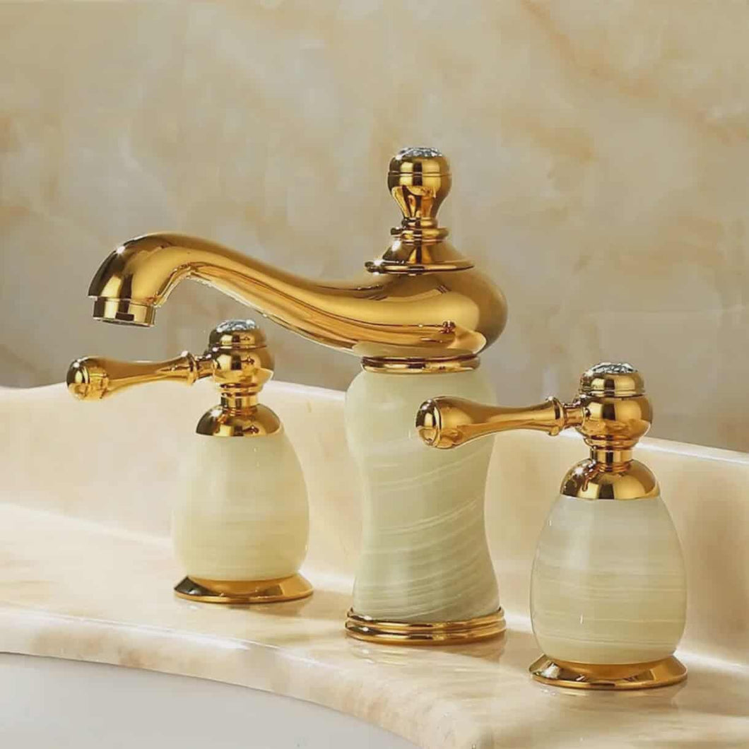 Luxury Deck Mount 3-Hole Gold Plated Bathroom Basin Faucet Mixer with Jade Body