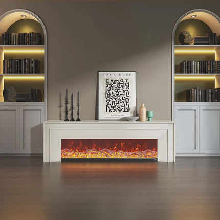 Living room with a fireplace, bookshelves, and a framed picture on a white console table.