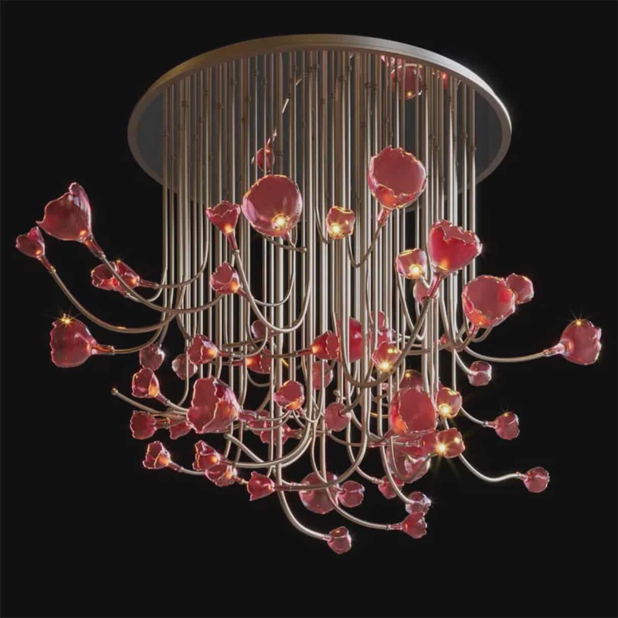 Nordic Luxury Red Crystal Flower Chandelier – Custom Copper Ceiling Light