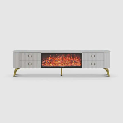 Modern TV stand with electric fireplace on a white background