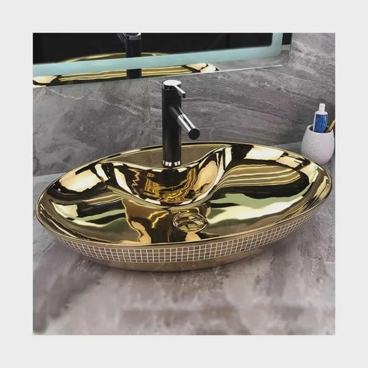 Luxury Gold Ceramic Countertop Bathroom Sink – Modern Oval Art Wash Basin