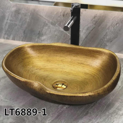 Antique Gold Oval Countertop Bathroom Sink – Luxury Porcelain Art Basin