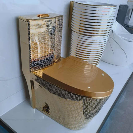Luxury Electroplated Gold Ceramic Toilet – Modern Siphonic One-Piece Floor Mounted Bathroom Commode