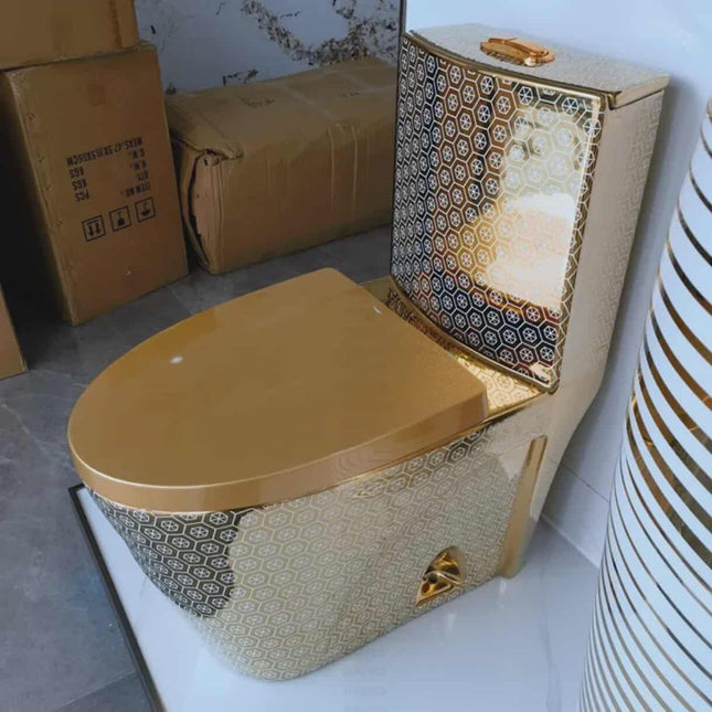 Luxuriöse, galvanisierte Keramiktoilette mit Goldbeschichtung – Modernes, einteiliges, bodenstehendes Siphon-WC 
