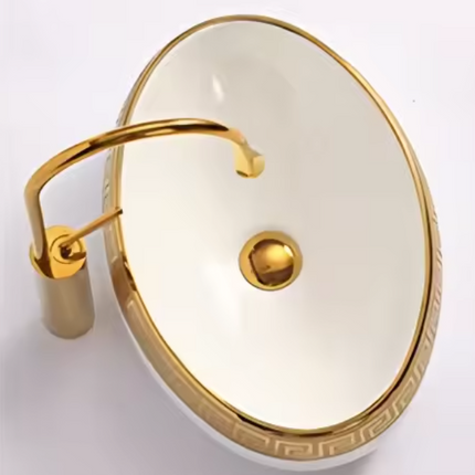 High-End Modern Gold Art Oval Wash Basin Glossy Ceramic Bathroom Sink