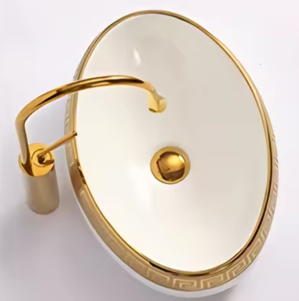 High-End Modern Gold Art Oval Wash Basin Glossy Ceramic Bathroom Sink
