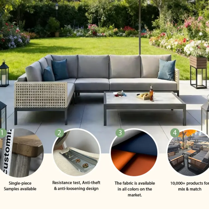 Outdoor patio furniture set with sectional sofa and coffee table in a garden setting, featuring text on product features.