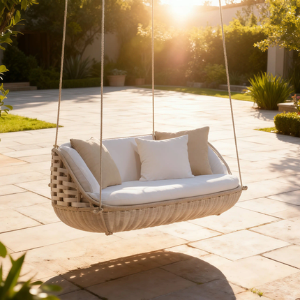 Wicker hanging chair with white cushions on a patio