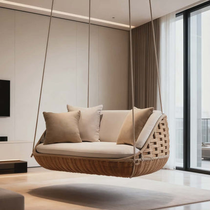 Modern hanging chair with beige cushions in a stylish room.
