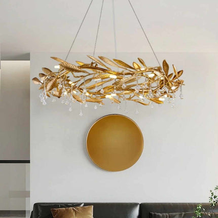 Golden Laurel Luminescence A Circular Chandelier with Gilded Leaves and Crystal Dewdrops Illuminating Refined Elegance Soft Light Dances Through Delicate Forms Creating a Captivating and Graceful Ambiance