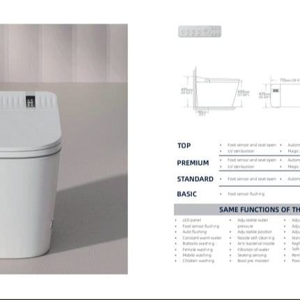 White kitchen appliance on a gray background with specifications on the right.