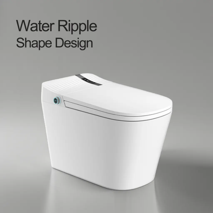 White toilet with 'Water Ripple Shape Design' text on a gray background