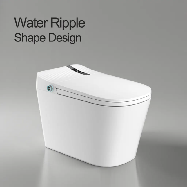 White toilet with 'Water Ripple Shape Design' text on a gray background