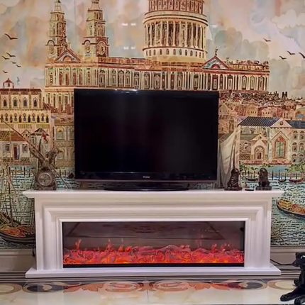 TV on a decorative fireplace with a cityscape mural in the background