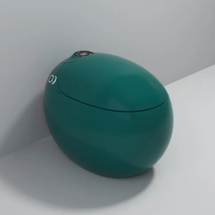 Teal-colored spherical object on a white surface with a gray background