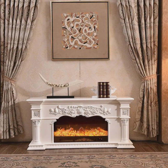 Decorative fireplace with ornate design, lit fire, and decorative items in a room with patterned curtains and wall art.