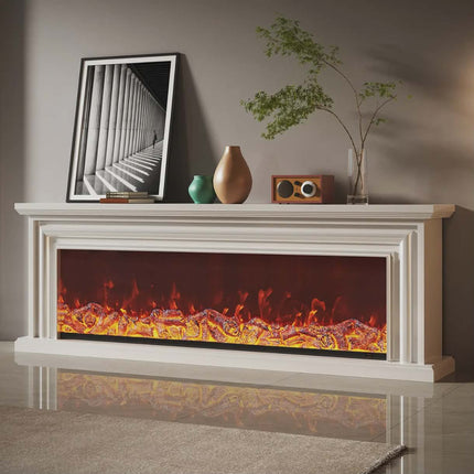 Electric fireplace with decorative items on a mantel against a neutral wall.