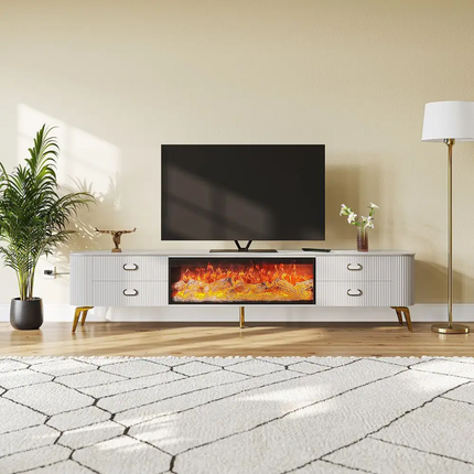 Modern living room with a TV above an electric fireplace.