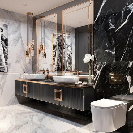 Modern bathroom with black and white marble walls, a double sink vanity, and a toilet.