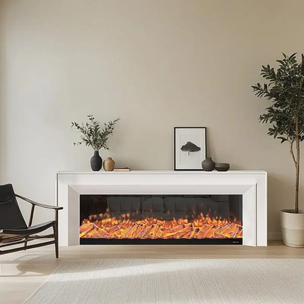 Modern electric fireplace with decorative items in a living room setting