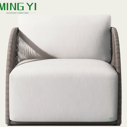 Modern outdoor chair with white cushion and wooden frame, branded as MING YI.