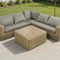 Outdoor patio furniture set with a sectional sofa and coffee table on a patio.