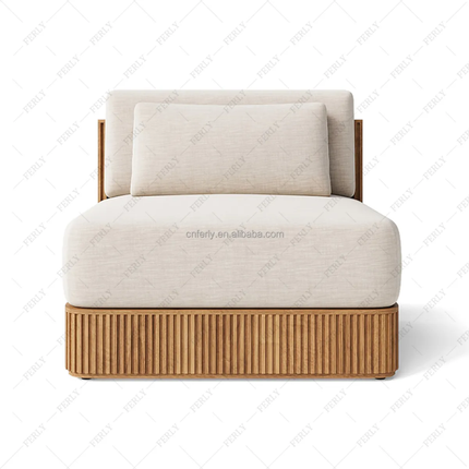 Beige armchair with wooden base on a white background