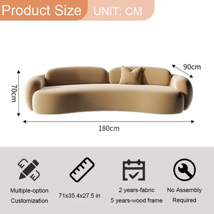 Beige sofa with dimensions labeled in centimeters on a white background