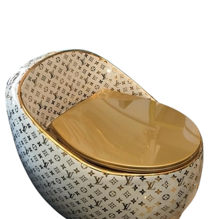 Modernes WC-Becken aus galvanisierter Keramik, weiß und goldfarben, inspiriert von Louis Vuitton