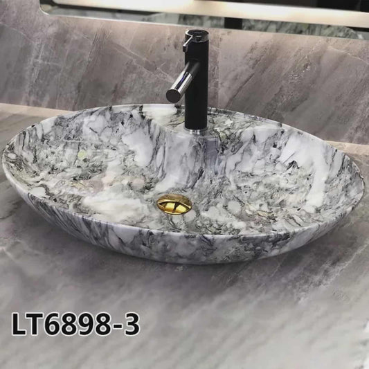 Grey Marble Oval Bathroom Sink – Modern Stone Countertop Wash Basin