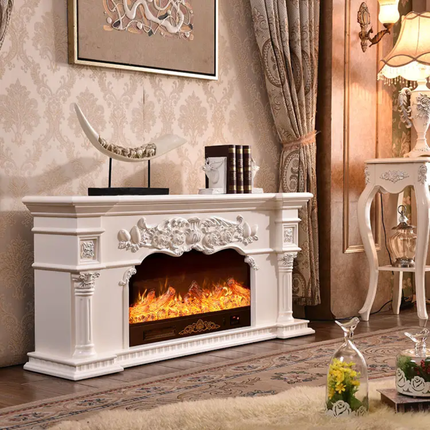 Decorative electric fireplace in a stylish room with a lamp and artwork.