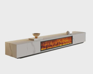 Modern electric fireplace with wooden finish and glass front on a white background