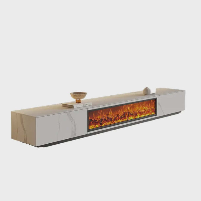 Modern electric fireplace with wooden finish and glass front on a white background