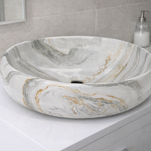 Marble-patterned sink on a bathroom counter with a neutral background

porcelain countertop sink
marble pattern bathroom sink
tabletop porcelain basin
bathroom cabinet sink
luxury bathroom wash basin
electroplated porcelain sink
modern countertop bathroom basin
marble design bathroom sink
vanity countertop wash basin