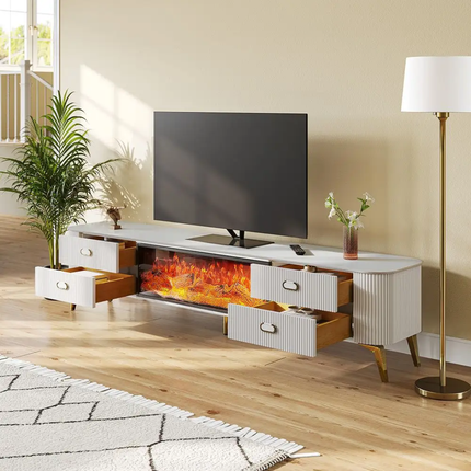Modern living room with a TV stand featuring an electric fireplace.